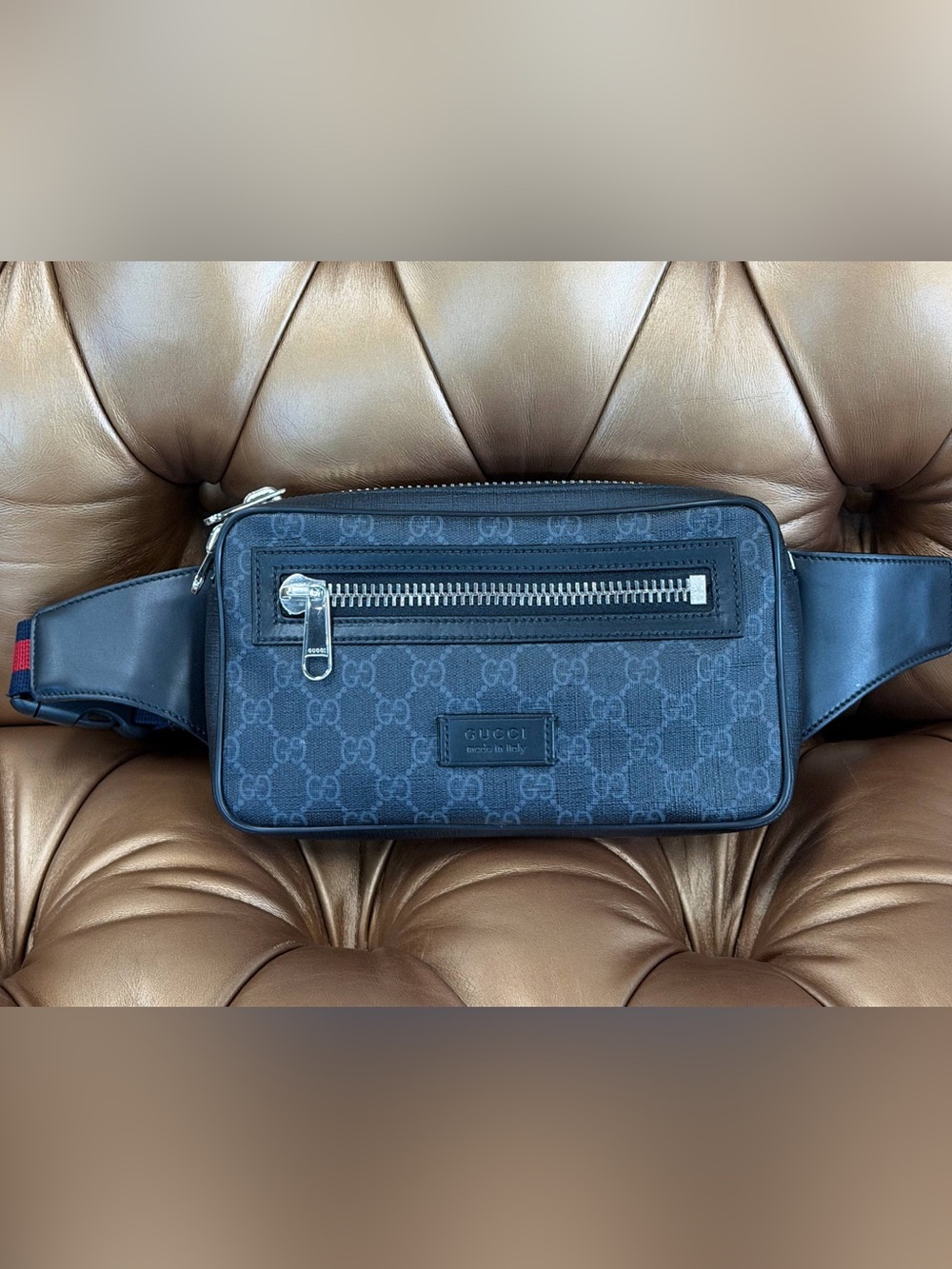Gucci GG Supreme Sling Backpack Waist Crossbody Bag Black Leather Men's